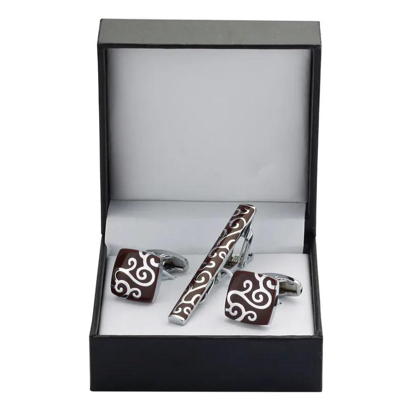 Black Enamel Silvery Flower Cufflinks and Tie Clip