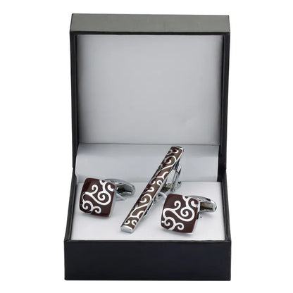 Black Enamel Silvery Flower Cufflinks and Tie Clip