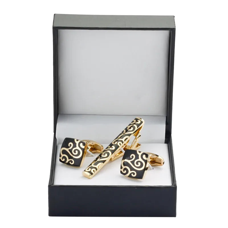 Black Enamel Silvery Flower Cufflinks and Tie Clip