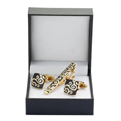 Black Enamel Silvery Flower Cufflinks and Tie Clip