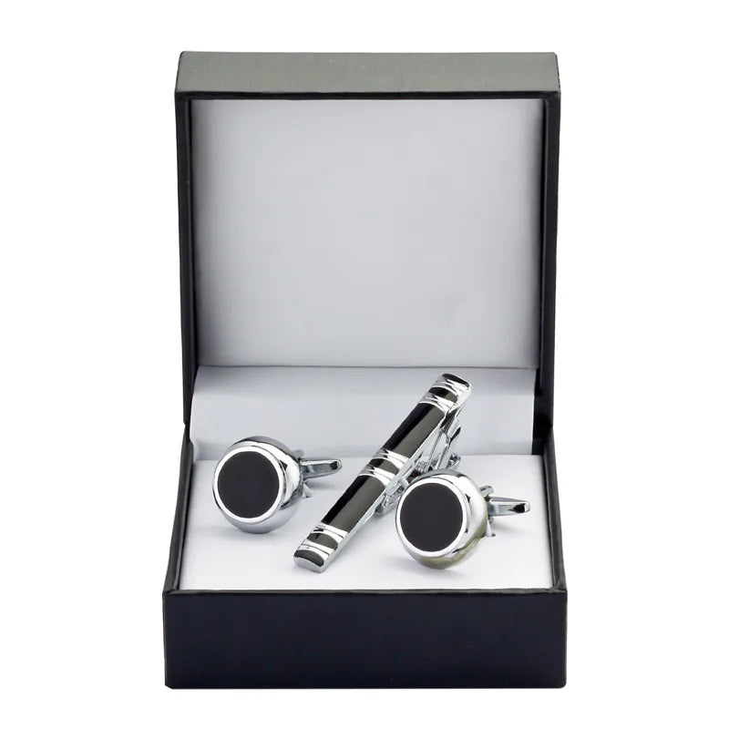 Black Enamel Silvery Flower Cufflinks and Tie Clip