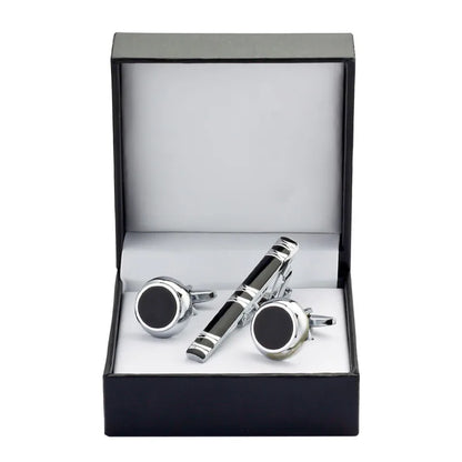 Black Enamel Silvery Flower Cufflinks and Tie Clip