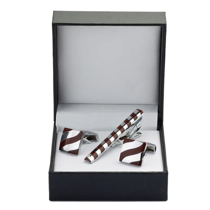 Black Enamel Silvery Flower Cufflinks and Tie Clip