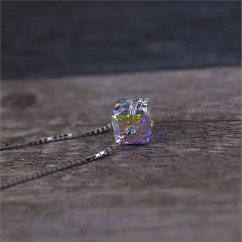 925 Sterling Silver Jewelry Light Candy Square Crystal Pendant Necklace For Women