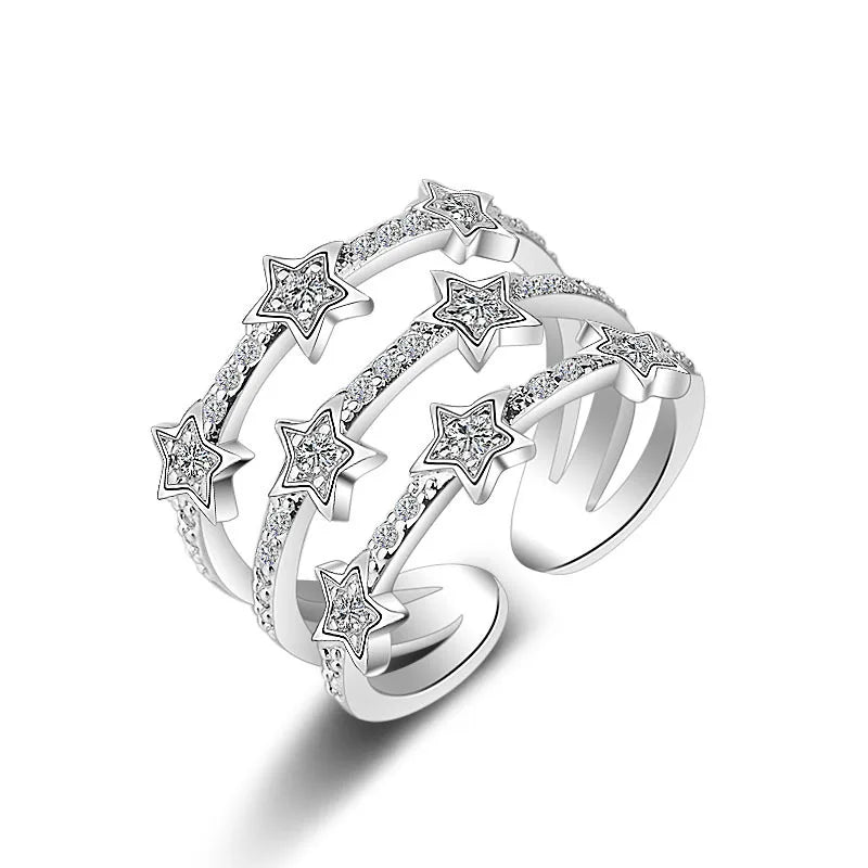 925 Sterling Silver Adjustable Multi-Layer CZ Star Ring