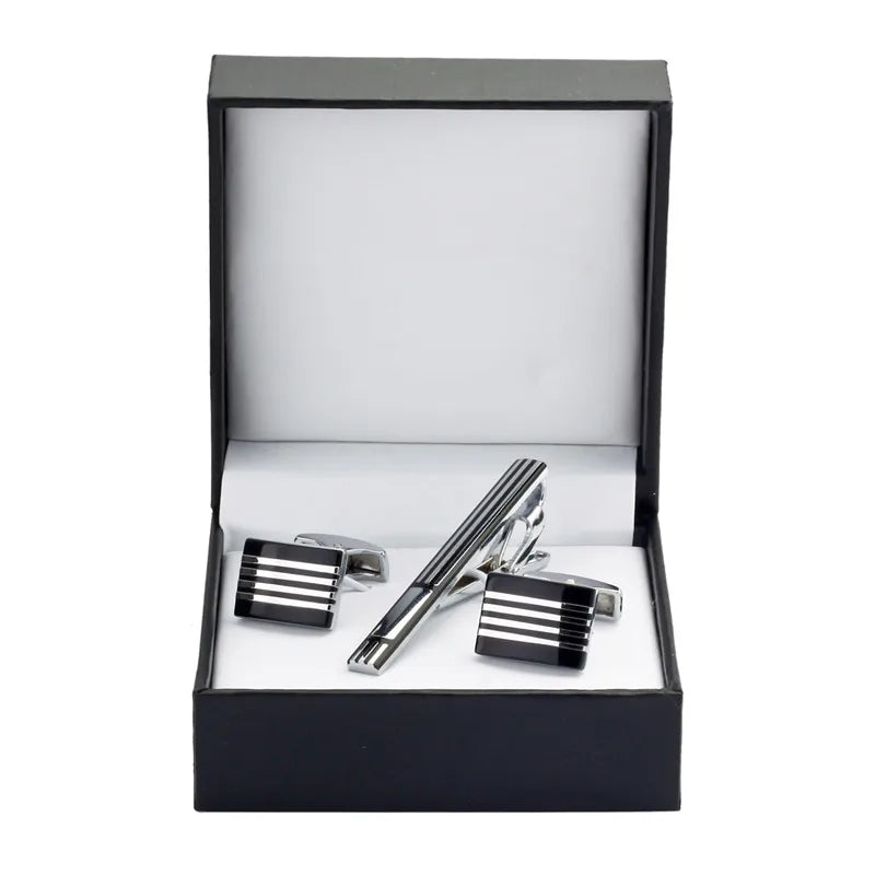 Black Enamel Silvery Flower Cufflinks and Tie Clip