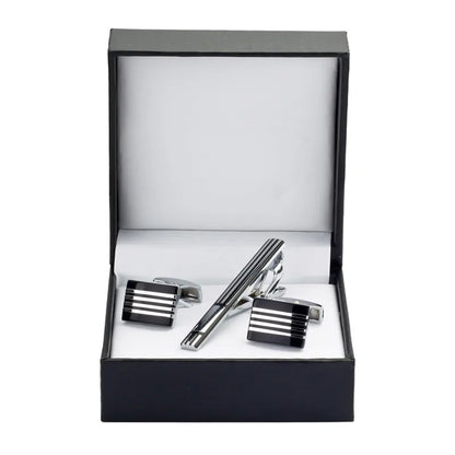 Black Enamel Silvery Flower Cufflinks and Tie Clip