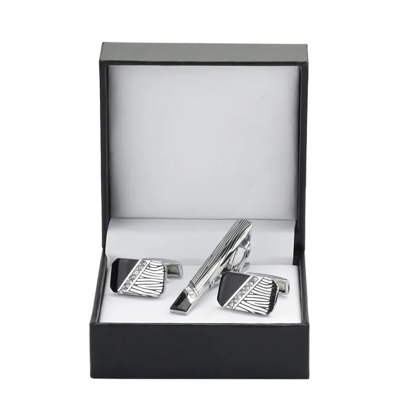 Black Enamel Silvery Flower Cufflinks and Tie Clip