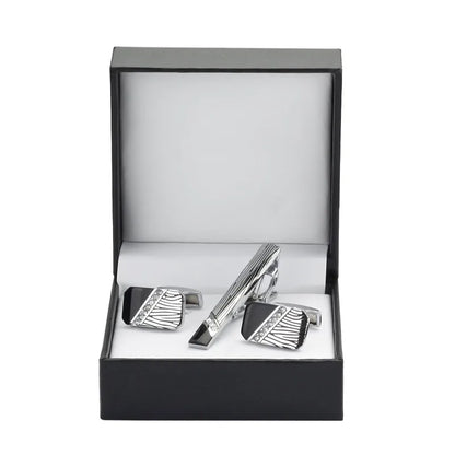 Black Enamel Silvery Flower Cufflinks and Tie Clip