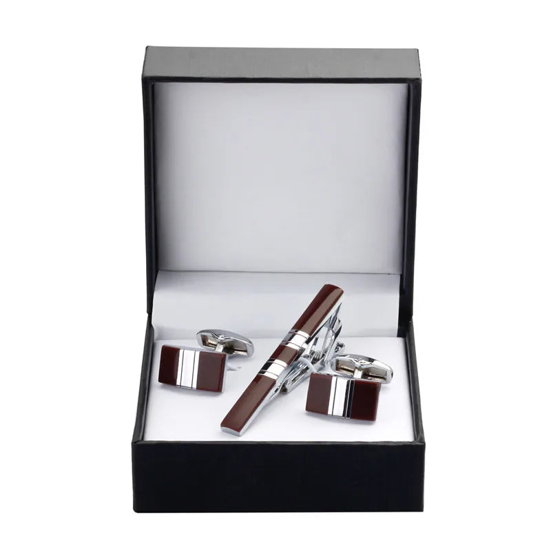 Black Enamel Silvery Flower Cufflinks and Tie Clip