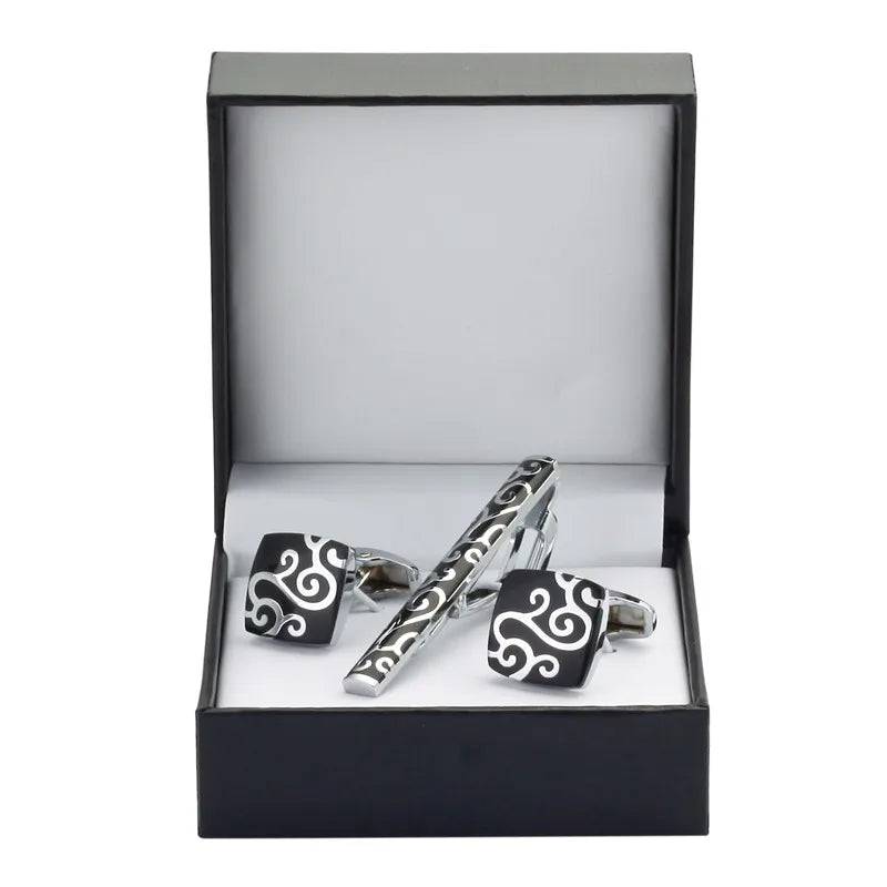 Black Enamel Silvery Flower Cufflinks and Tie Clip