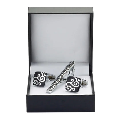 Black Enamel Silvery Flower Cufflinks and Tie Clip