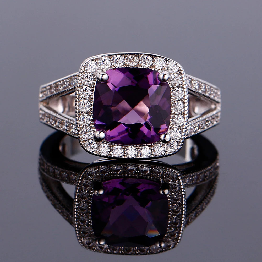 925 Silver Colorful Cubic Zirconia 9mm Cushion Cut Ring Jewelry