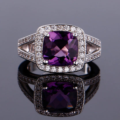 925 Silver Colorful Cubic Zirconia 9mm Cushion Cut Ring Jewelry