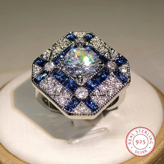 925 Silver Luxury Geometry Unisex Blue White Zircon Ring