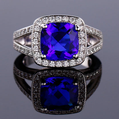 925 Silver Colorful Cubic Zirconia 9mm Cushion Cut Ring Jewelry