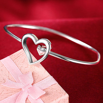 Unisex Trendy Style 925 Silver Round Heart Open Bracelet Jewelry Cuff Bangles