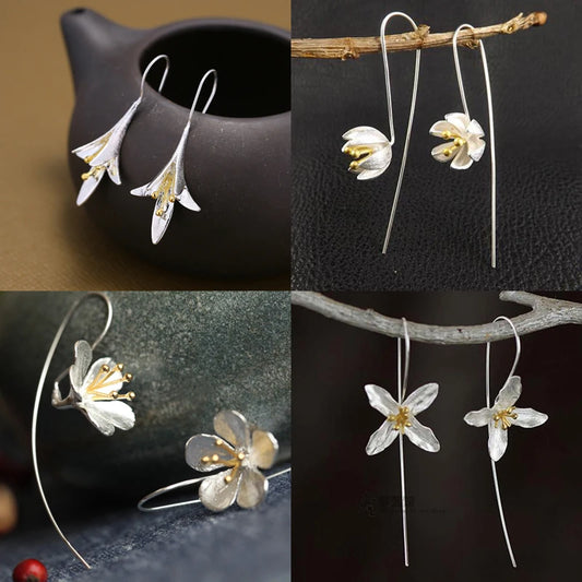 Elegant 925 sterling silver New Design Long Flower Earrings For Women