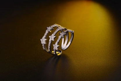 925 Sterling Silver Adjustable Multi-Layer CZ Star Ring