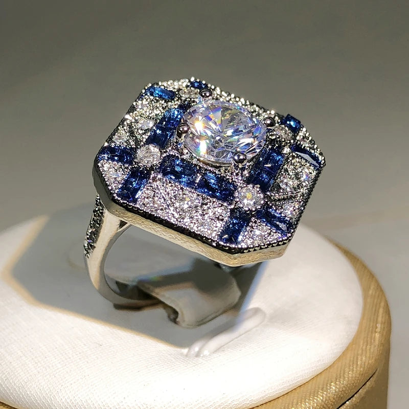 925 Silver Luxury Geometry Unisex Blue White Zircon Ring
