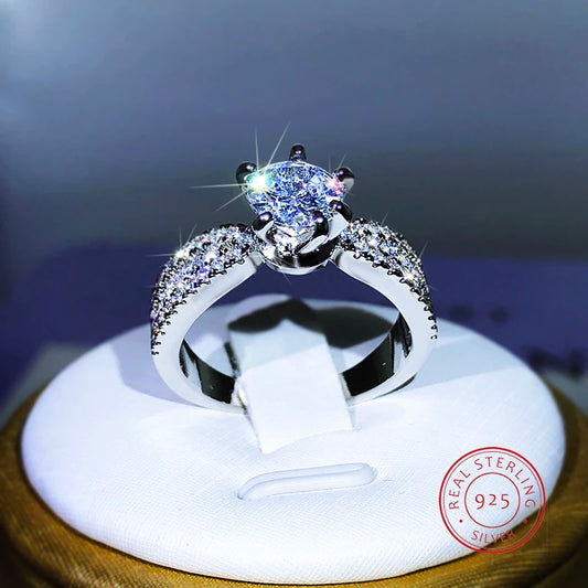 S925 Silver Luxury Sparkling Six-Claw White Zircon Ring