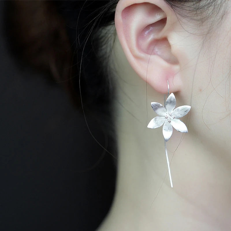 Elegant 925 sterling silver New Design Long Flower Earrings For Women