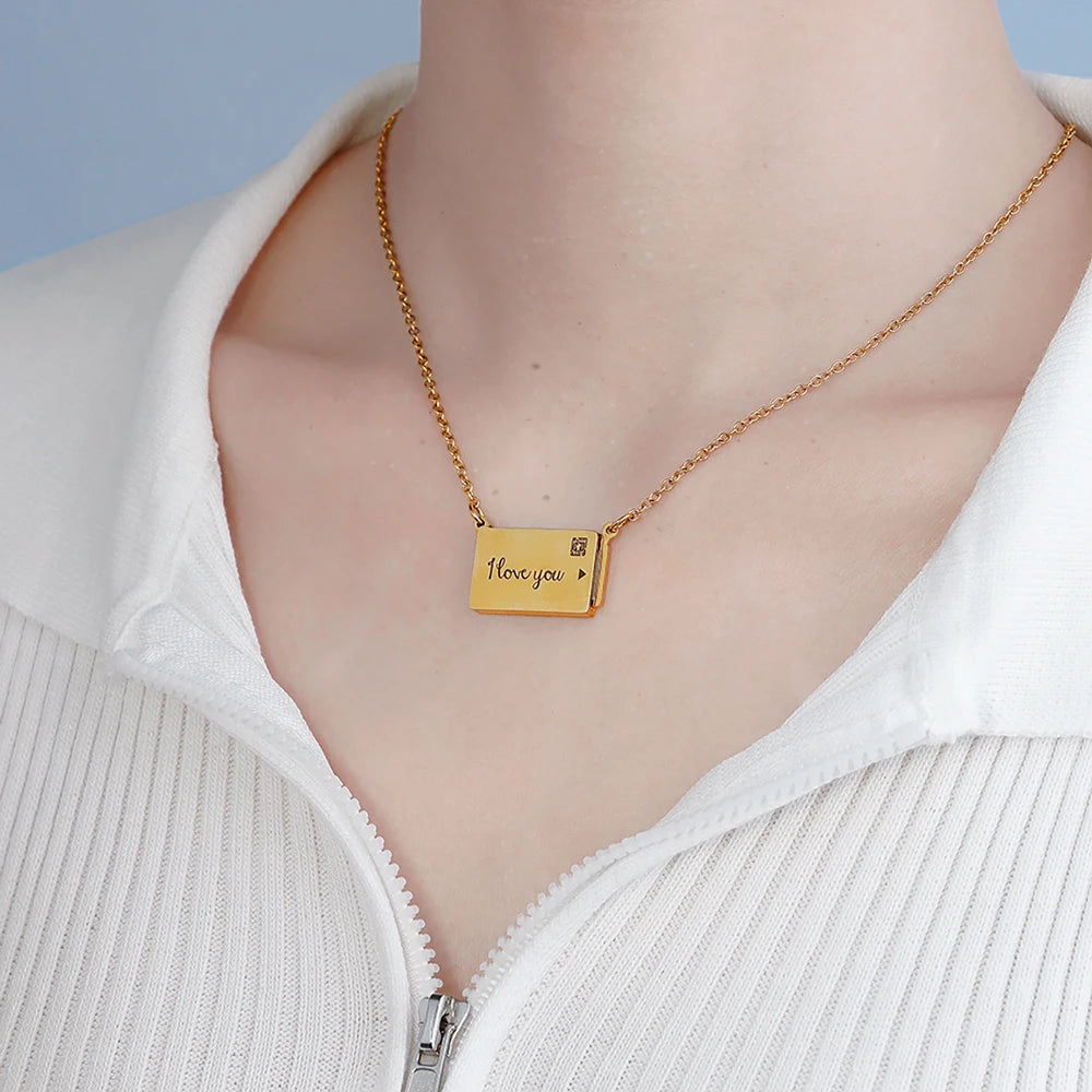 Custom Photo Message Envelope Pendant Necklace Stainless Steel Jewelry Gift