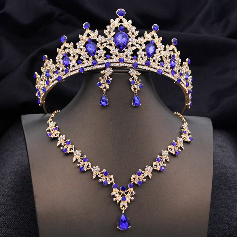 Opal Blue Princess Bridal Jewelry Set – Tiara Crown Necklace Earrings