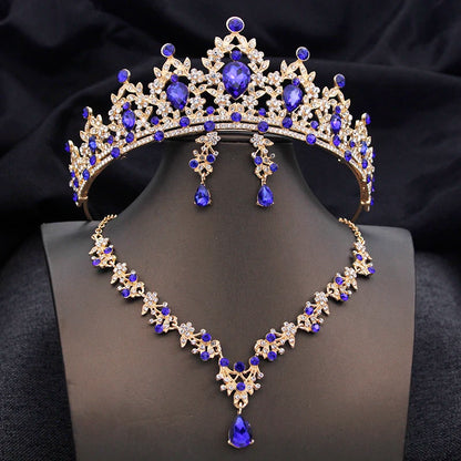 Opal Blue Princess Bridal Jewelry Set – Tiara Crown Necklace Earrings