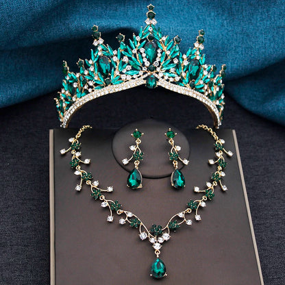 Baroque Wedding Crown for Bride 3-pack Tiara Earrings Necklace Bridal Jewelry Set