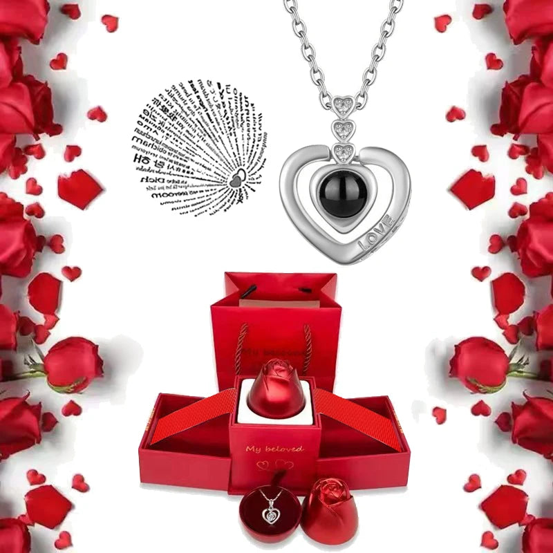 I Love You Projection S925 Necklace – 100 Languages with Rose Gift Box