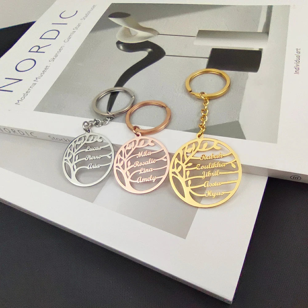 Tree of Life Keychain Customized Family Member Name Round Stainless Steel Keyring
