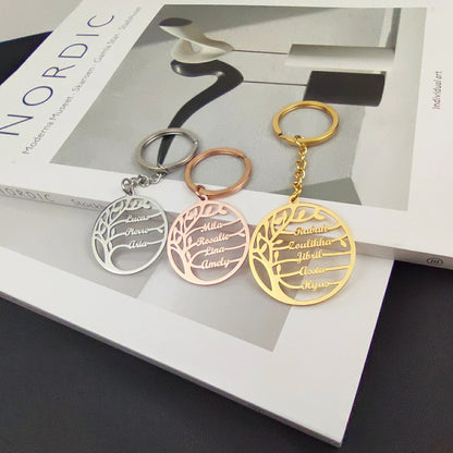 Tree of Life Keychain Customized Family Member Name Round Stainless Steel Keyring
