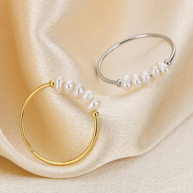Gold Simulated Pearl Thin Ring – Waterproof Stainless Steel Index Finger Jewelry for Women