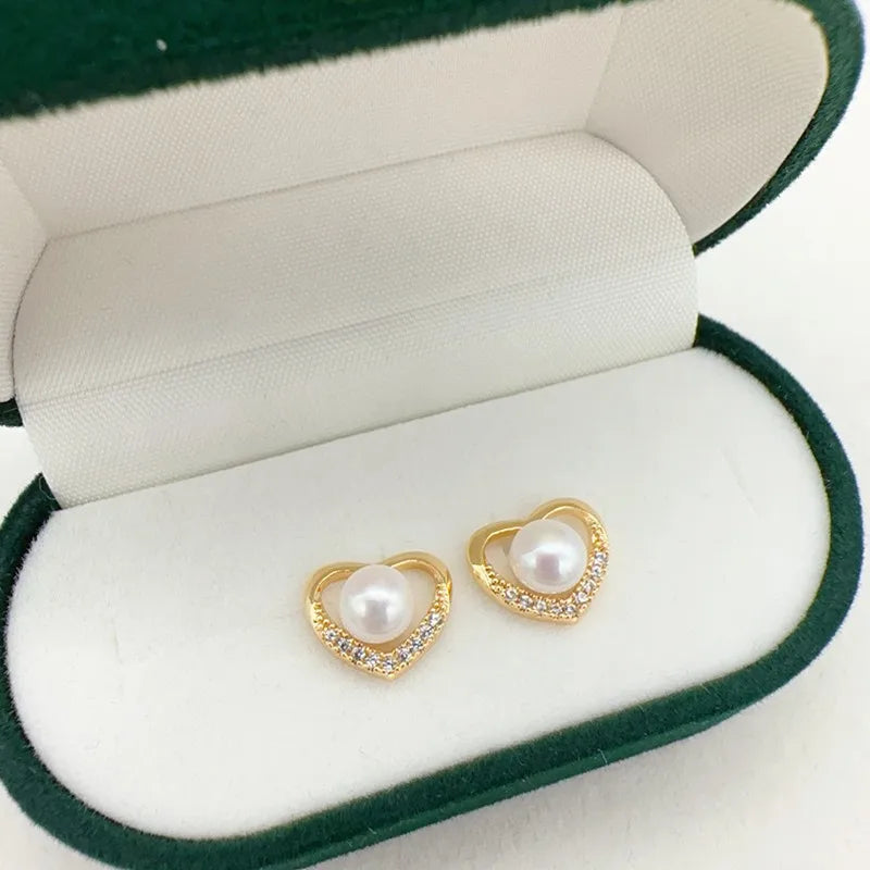 14K Gold Filled Heart Pearl Stud Earrings for Women