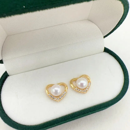 14K Gold Filled Heart Pearl Stud Earrings for Women