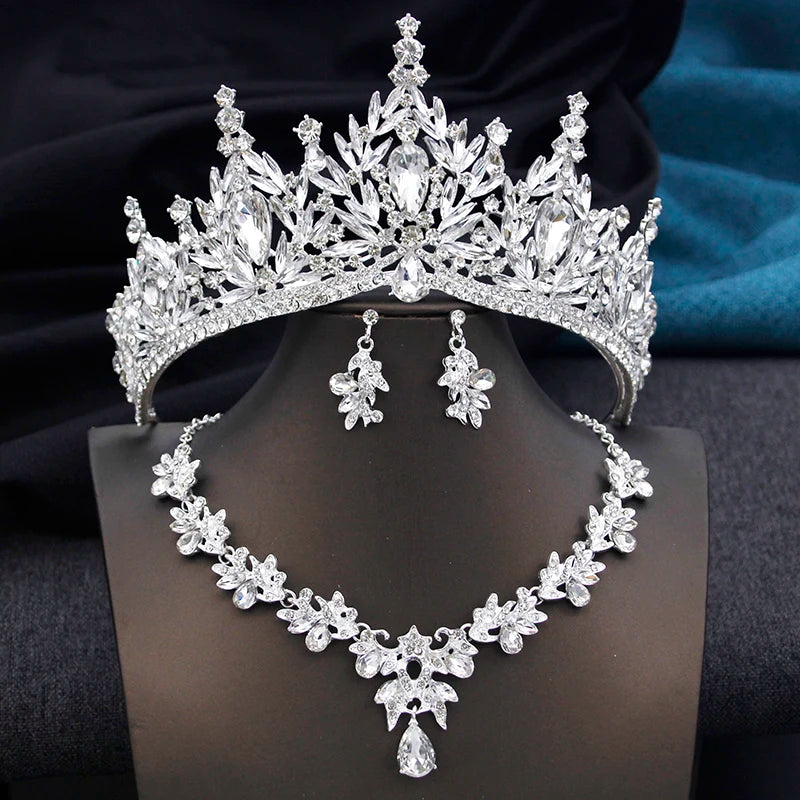 Royal Queen 3 Pcs Tiaras and necklace earrings for Bridal Jewelry Sets