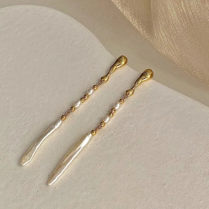 14K Gold Filled Tassel Pearl Stud Earrings for Women