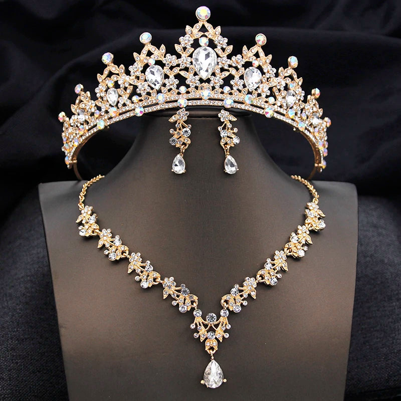 Opal Blue Princess Bridal Jewelry Set – Tiara Crown Necklace Earrings