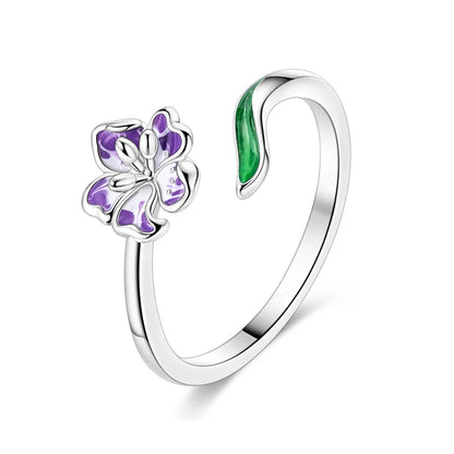 925 Silver Color with Blue Zircon Butterfly Leaf Flower Rings