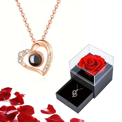 Projection S925 Silver Necklace Set with Rose Gift Box – "I Love You" in 100 Languages