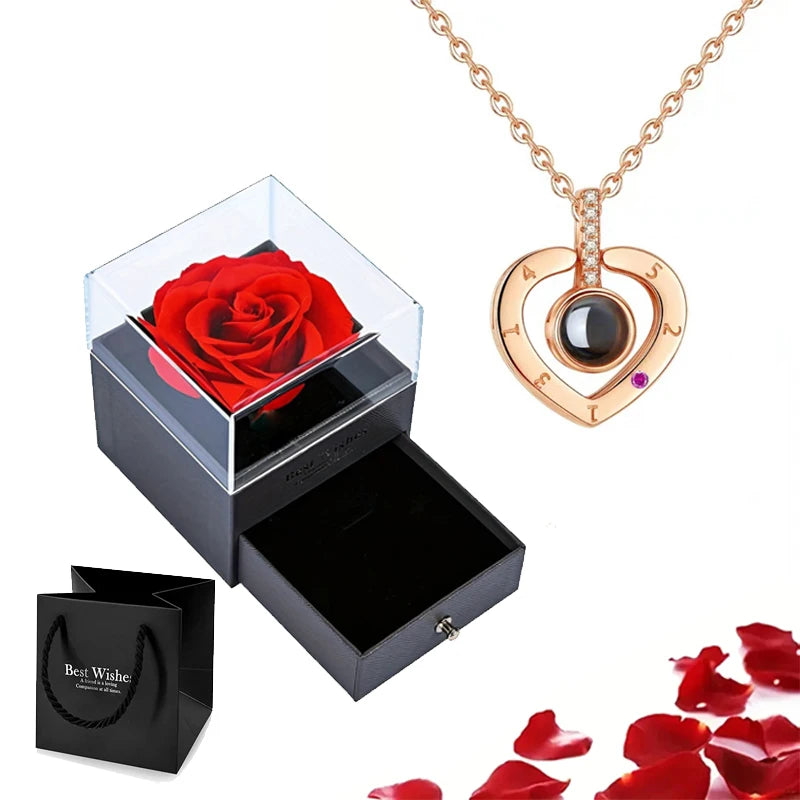 Projection S925 Silver Necklace Set with Rose Gift Box – "I Love You" in 100 Languages