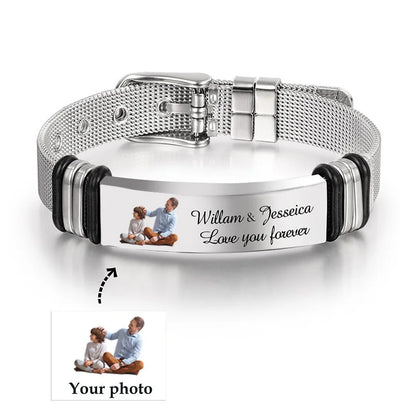 Personalized Picture Unisex Bracelet Custom Stainless Steel Engraved Photo & Text Name Adjustable ID Bracelet