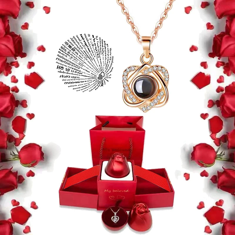 I Love You Projection S925 Necklace – 100 Languages with Rose Gift Box