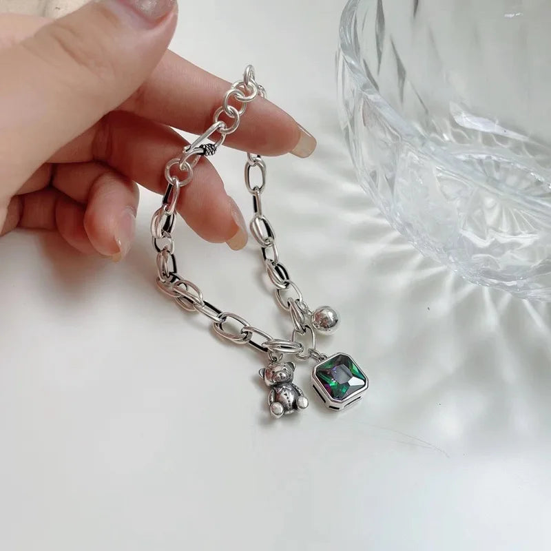 925 Sterling Silver Ladies Charm Bracelet With Sweet Little Bear Shiny Crystal Jewelry Gift