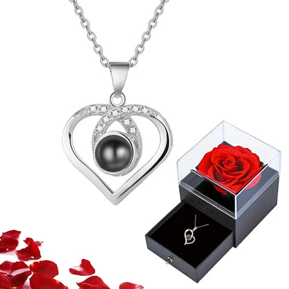 Projection S925 Silver Necklace Set with Rose Gift Box – "I Love You" in 100 Languages