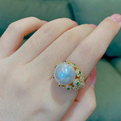 Big White Pearl Flower Ring – K Yellow Gold Women’s Cocktail Wedding Jewelry