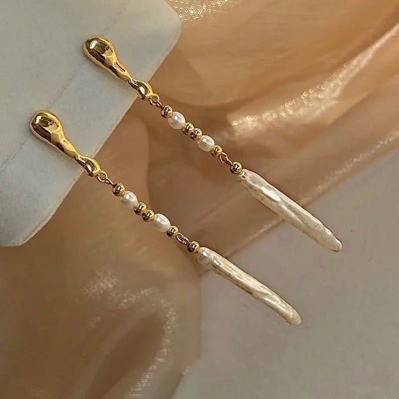 14K Gold Filled Tassel Pearl Stud Earrings for Women