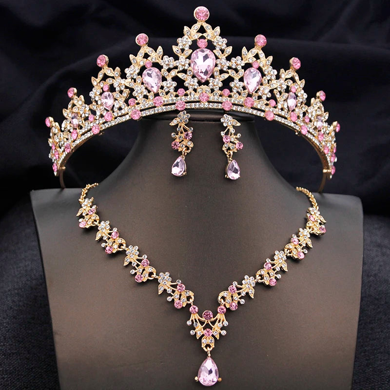 Opal Blue Princess Bridal Jewelry Set – Tiara Crown Necklace Earrings