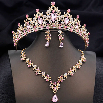 Opal Blue Princess Bridal Jewelry Set – Tiara Crown Necklace Earrings